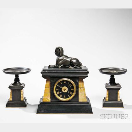 Three-piece Egyptian Revival Marble Clock and Garniture