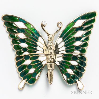 14kt Gold, Enameled, Plique-a-jour, and Diamond Articulated Butterfly Brooch