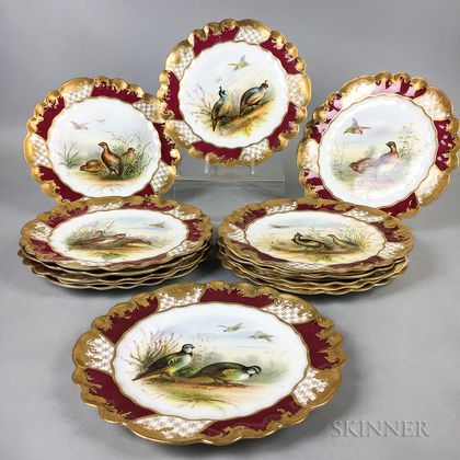 Set of Twelve George Jones & Sons for Tiffany & Co. Hand-painted Porcelain Bird Plates