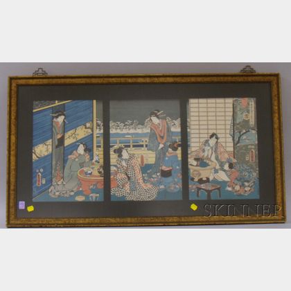 Framed Japanese Woodblock Triptych Depicting Women in an Interior and a Framed Watercolor on Silk Landscape.... 