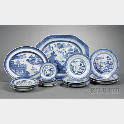 Two Canton Porcelain Platters and an Assembled Group of Nineteen Canton Plates