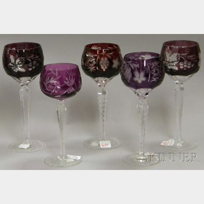 Set of Four Amethyst Cut-to-clear Glass Wine Stems and a Single Wine Stem