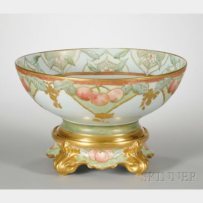 Gilt and Hand-painted Cherries and Floral-decorated Limoges Porcelain Punch Bowl on Stand