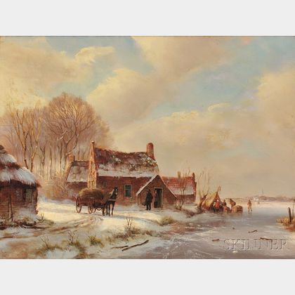 Attributed to Jacobus van der Stok (Dutch, 1794-1864) Winter Landscape with Thatched Cottages by a River