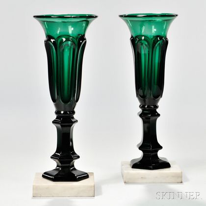 Pair of Emerald Green Pressed Loop Pattern Vases