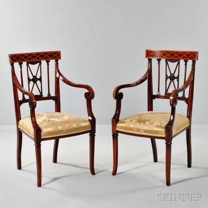Two Regency-style Mahogany and Satinwood Inlaid Armchairs