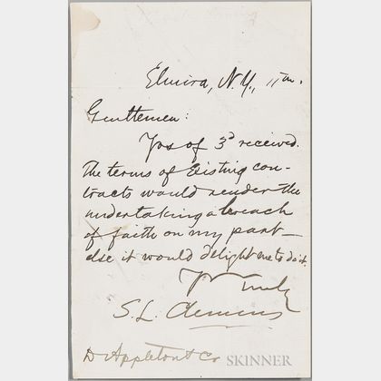 Twain, Mark (1835-1910) Autograph Note Signed, Elmira, New York, [no date].