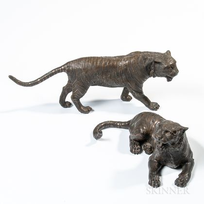 Two Cast Bronze Tigers