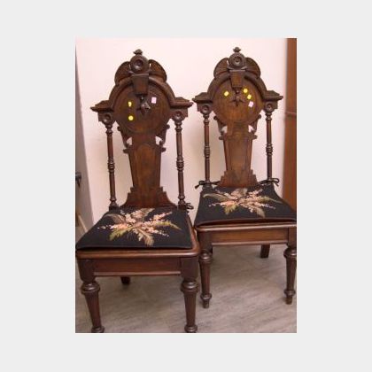 Pair of Renaissance Revival Walnut Hall Chairs. 