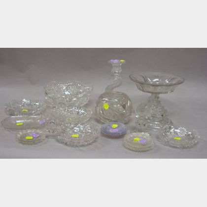 Six Colorless Cut Glass Bowls and Eleven Pieces of Colorless Pressed Glass Tableware