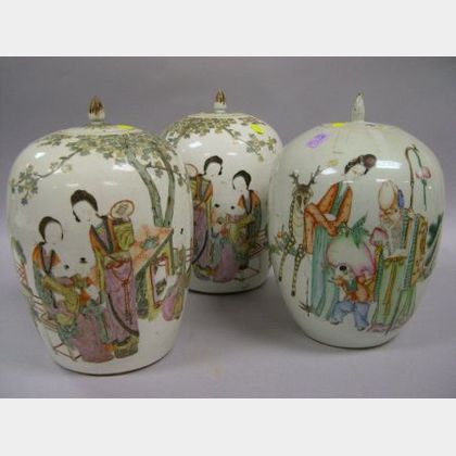 Pair of Chinese Export Porcelain Covered Jars and a Single Chinese Export Porcelain Covered Jar. 