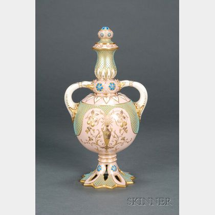 Jeweled Coalport Porcelain Two-handled Vase and Cover
