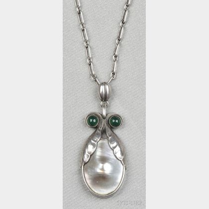 .830 Silver, Blister Pearl, and Green Onyx Pendant, Georg Jensen