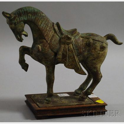 Chinese Patinated Bronze Horse on a Hardwood Base