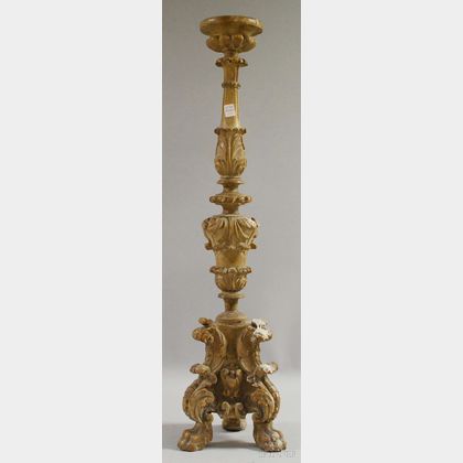Tall Hispano Rococo-style Carved Wooden Pricket Candlestick