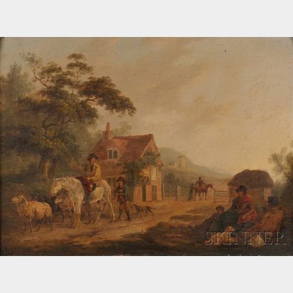 Continental School, 19th Century Country Landscape with Figures and Livestock and a Distant Windmill