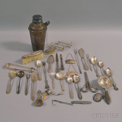 Currier & Roby Sterling Silver Cocktail Shaker and a Group of Flatware and Accessories