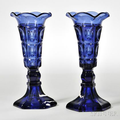 Pair of Dark Blue Pressed Glass Three-printie Block Pattern Vases