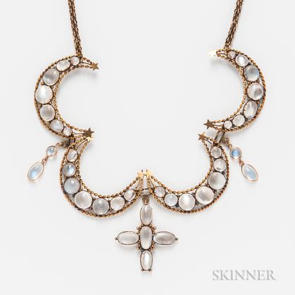 Antique 9kt Gold and Moonstone Crescent Necklace