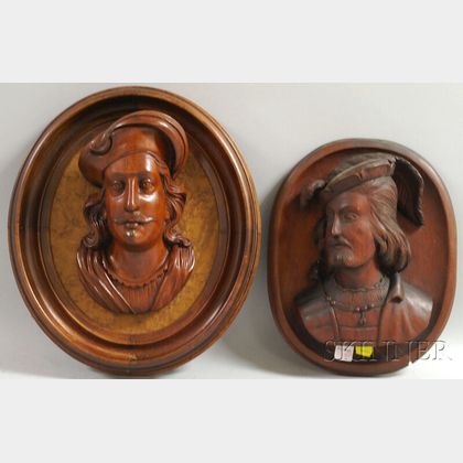 Two Victorian Carved Walnut High Relief Portrait Bust Plaques