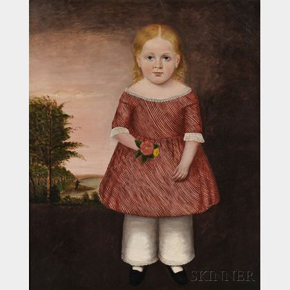 American School, 19th Century Portrait of a Young Girl in a Red-and-white Striped Dress Holding a Posy.