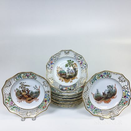 Assembled Set of Eleven Continental Reticulated Plates with Hunting Scenes