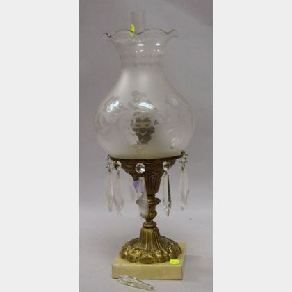 Etched Frosted Colorless Glass and Gilt Brass Astral Lamp with Marble Base. 