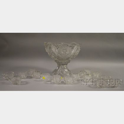 Colorless Pressed Glass Punch Bowl on Pedestal and a Set of Five Cups