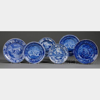 Six Blue and White Staffordshire Pottery Plates