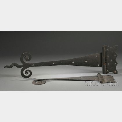 Two Large Wrought Iron Hinges with Scroll Terminals
