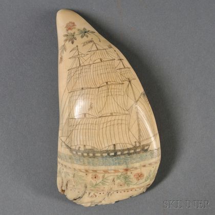 Scrimshaw Whale's Tooth with Engraved Ship