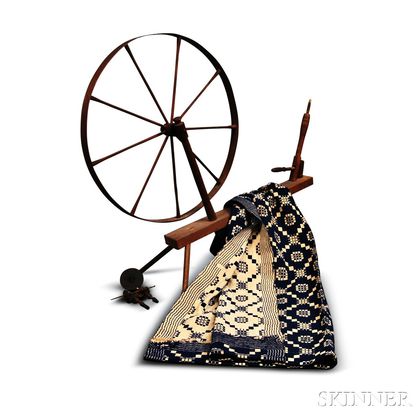 Turned Spinning Wheel and a Blue and White Woven Coverlet. Estimate $200-250