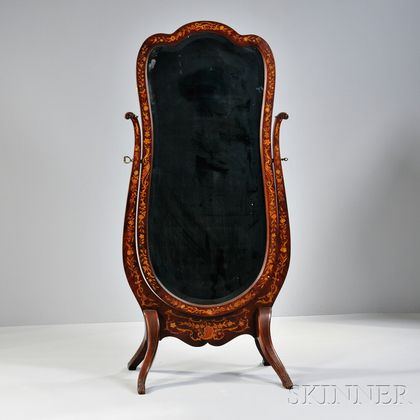 Victorian Dutch Marquetry Walnut Cheval Mirror