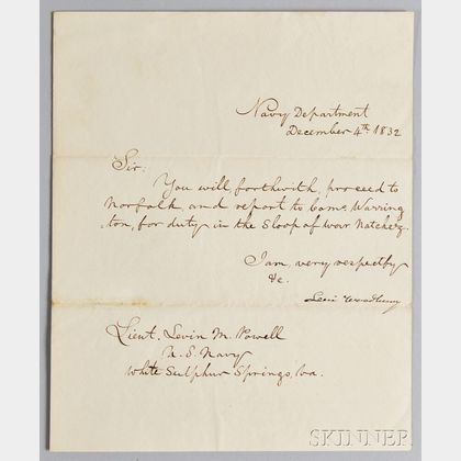 Woodbury, Levi (1789-1851) Secretarial Letter Signed, 4 December 1832.