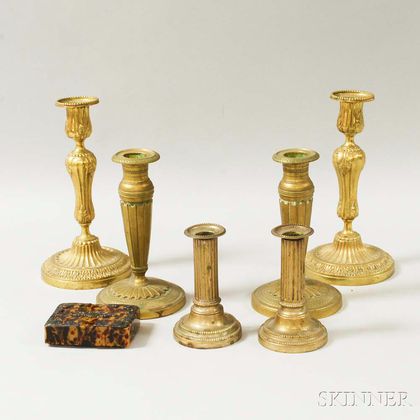 Three Pairs of Brass Candlesticks and a Celluloid Box