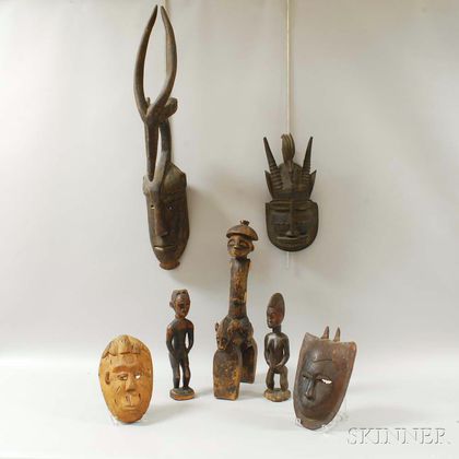 Seven African Carved Statues and Masks