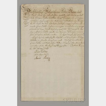Maria Theresia Walburga Amalia Christina (1717-1780) Secretarial Letter Signed, Vienna, 28 November 1763.