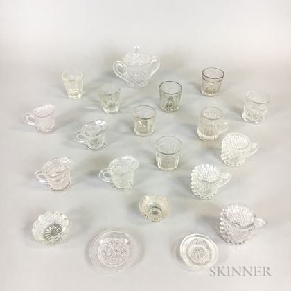 Twenty Miniature Colorless Pressed Glass Items. Estimate $20-200