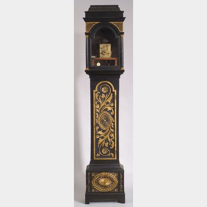 British Georgian Carved, Ebonized, and Parcel-gilt Tall Case Clock