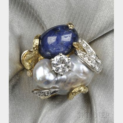 18kt Gold, Sapphire, Pearl, and Diamond Ring