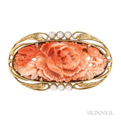 Arts and Crafts Gold and Coral Brooch, Frank Gardner Hale