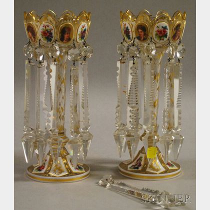 Pair of Bohemian White Cased and Transfer-Printed Colorless Glass Mantel Lustres