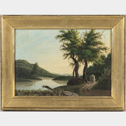 Attributed to Charles Codman (Maine, 1800-1842) River Landscape with Fisherman and Covered Wagon