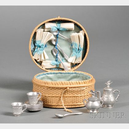Doll Soft-Metal Tea Set in a Wicker Basket
