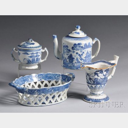Three Blue and White Chinese Export Porcelain Table Items and a Pearlware Pottery Oval Basket