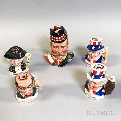 Five Royal Doulton Ceramic Figural Jim Beam and Grant's Flasks