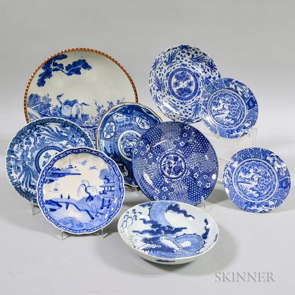Nine Canton Blue and White Ceramic Plates