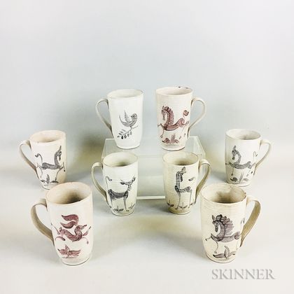 Eight Mary and Edwin Scheier Pottery Mugs