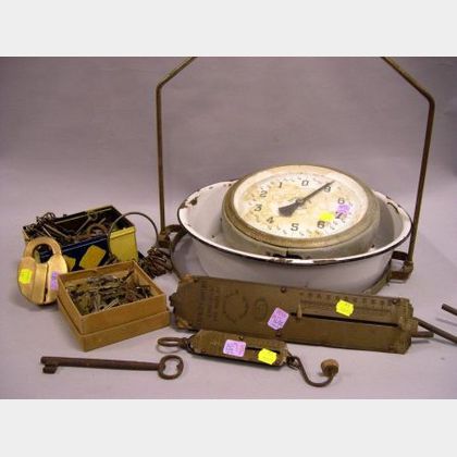 Two Brass and Iron Hanging Spring Scales, a Hanging Scale, and a Collection of Keys and Assorted Padlocks. 