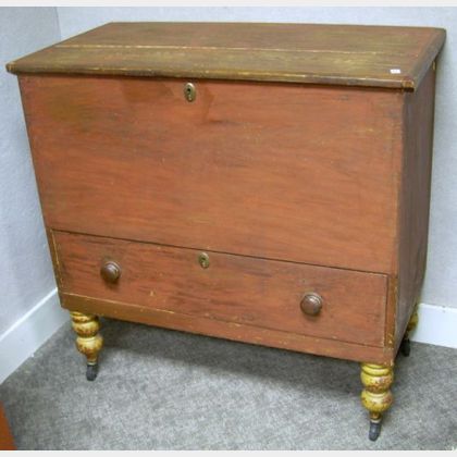 Red-stained Blanket Chest over Long Drawer with Turned Feet. 